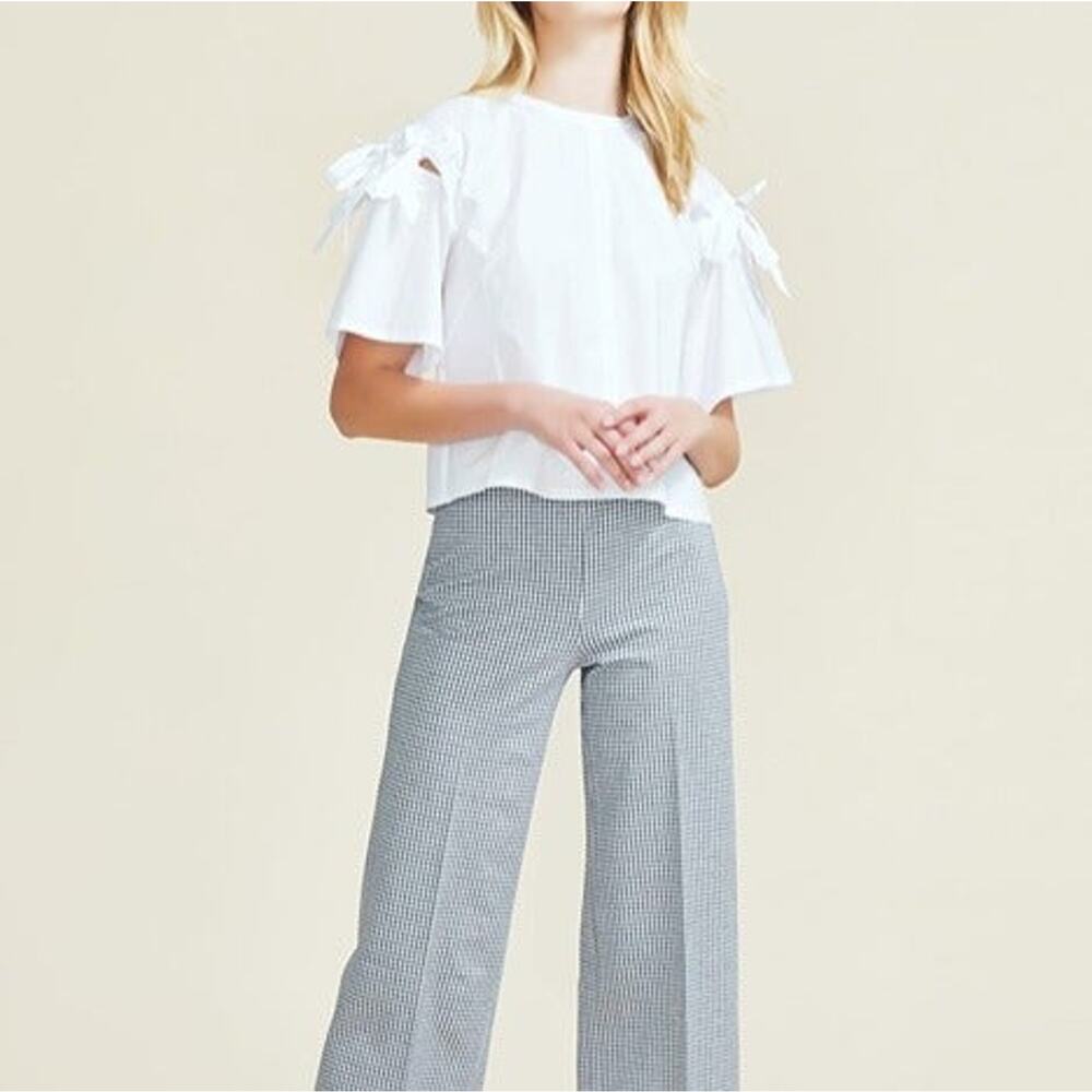 Pearl by lela rose poplin tie top Sz M white relaxed fit zip up blouse A37C